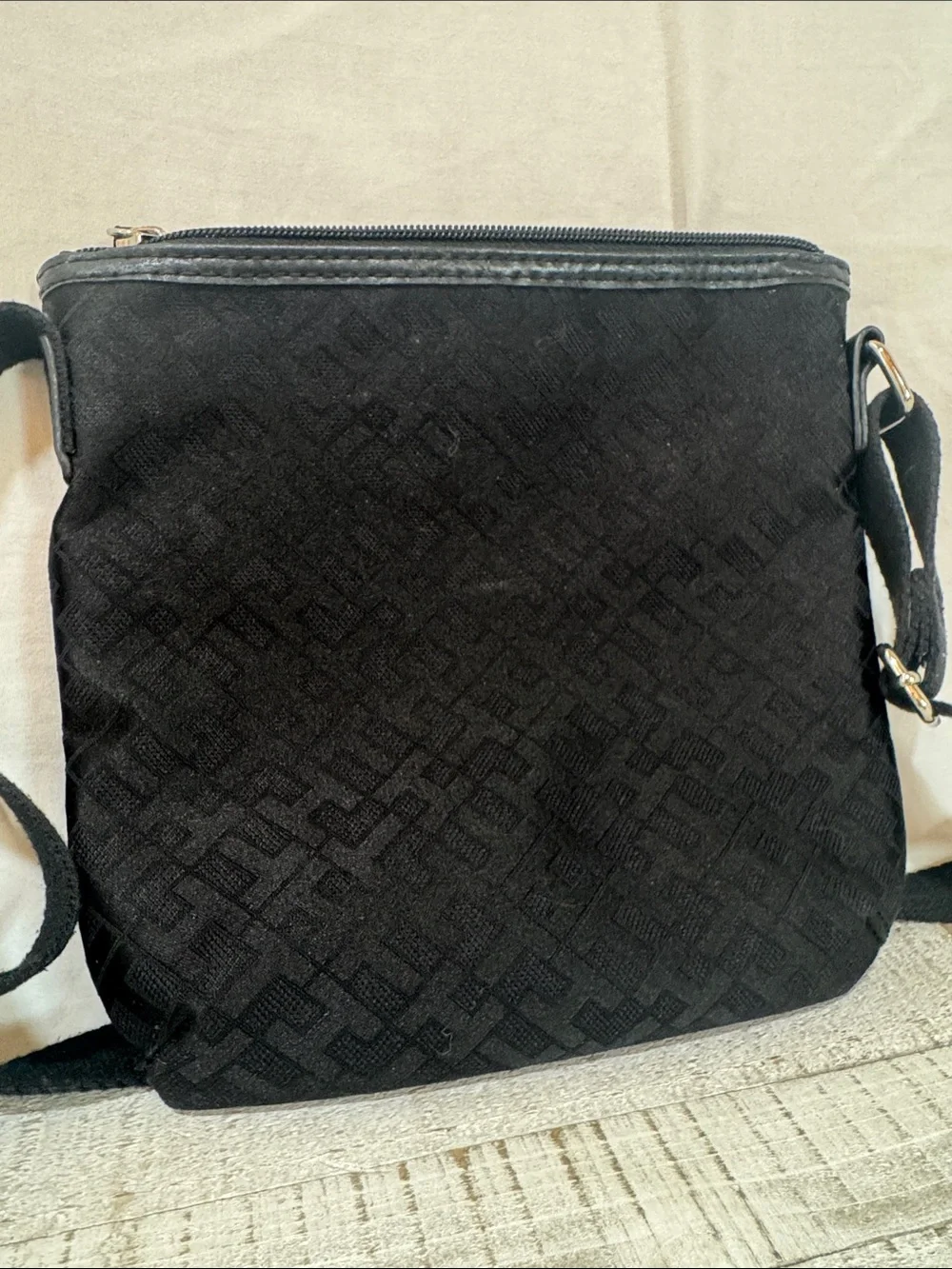Tommy Hilfiger Black Logo Jacquard Crossbody Bag Turn Lock Adjustable Strap